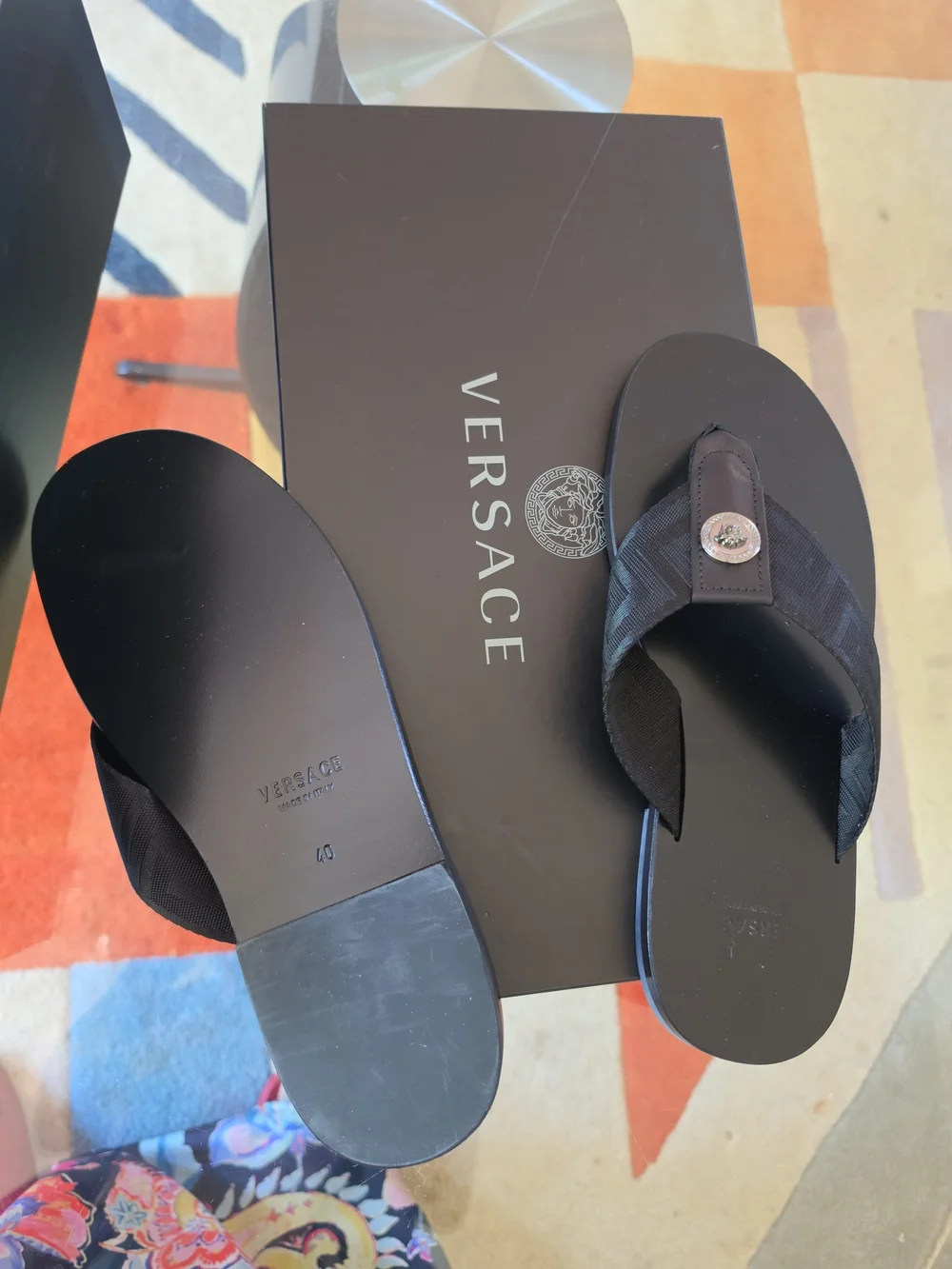 Versace Men’s Black Medusa-Emblem Flip Flop Sandals